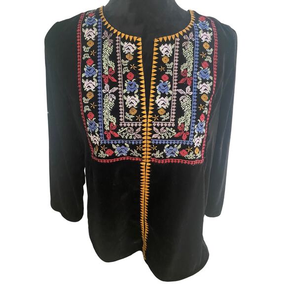 Boho Chic Black Embroidered Peasant Top – Long Sleeve Festival Blouse - Picture 1 of 7